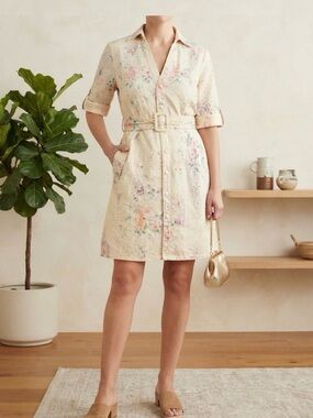Solitaire Belted Eyelet Shirt Dress in Cream Floral tied  dye siz m